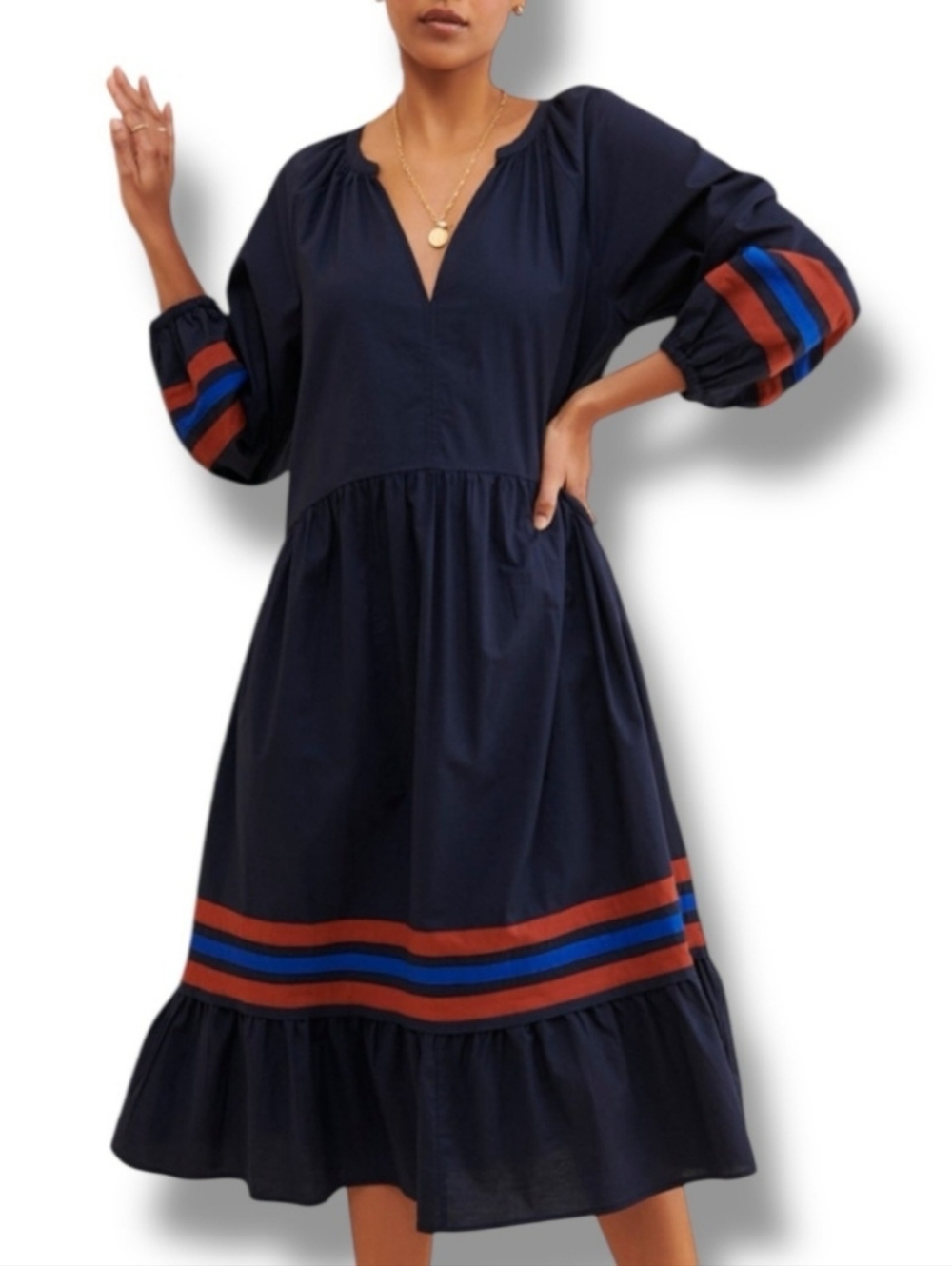 Sundry Navy Tiered Midi Dress with Contrasting Stripe Detail